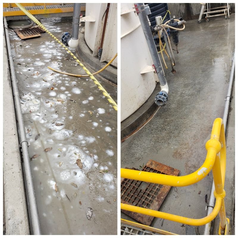 Before and after of floc removal from an industrial work area